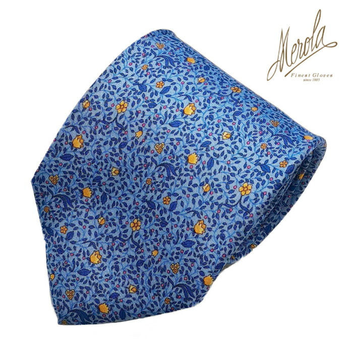MEROLA（ メローラ ) イタリア製 ネクタイ 50 オンス - MEROLA SERIES - シルク素材 サックスブルー×草花模様 ( イエロー ) 全長約 149 cm 大剣約 9 cm メンズ ギフト オールシーズン インポート オシャレ エレガント No. NO-1001-MI