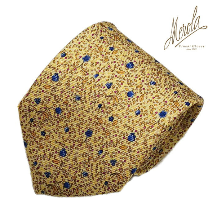 MEROLA（ メローラ ) イタリア製 ネクタイ 50 オンス - MEROLA SERIES - シルク素材 イエロー×草花模様 ( ブルー ) 全長約 149 cm 大剣約 9 cm メンズ ギフト オールシーズン インポート オシャレ エレガント No. NO-1005-MI