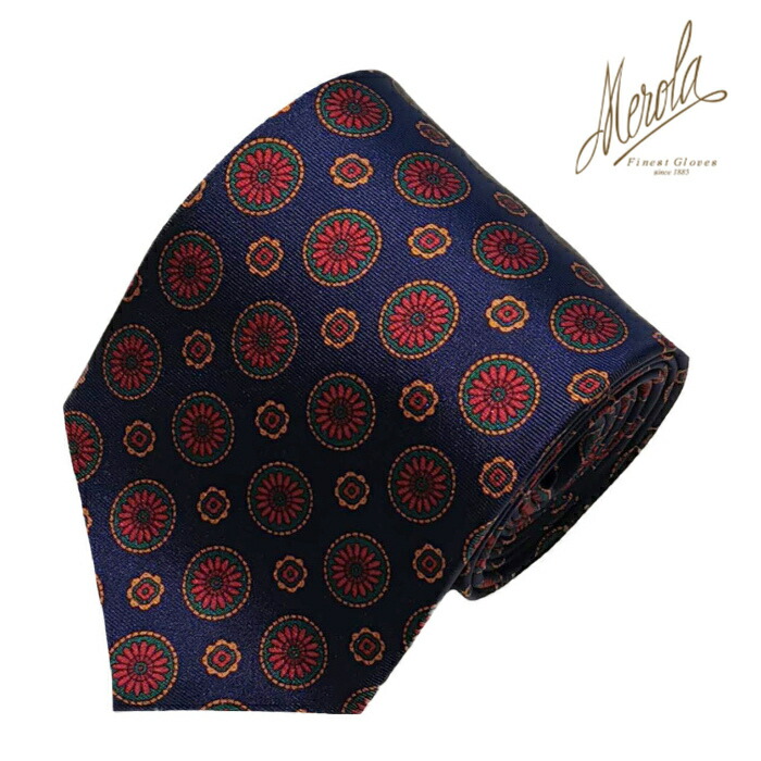 MEROLA ( メローラ ) イタリア製 ネクタイ BLUE LABEL シルク素材 ネイビー×小紋 (レッド) 全長約148cm　大剣約8.5cm メンズ ギフト オールシーズン インポート オシャレ エレガント No. BL482