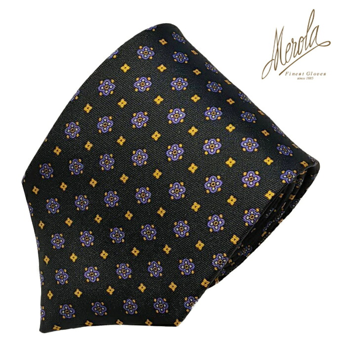 MEROLA ( メローラ ) イタリア製 ネクタイ BLUE LABEL シルク素材 グリーン×花小紋(イエロー) 全長約 148cm 大剣約 8.5cm メンズ ギフト オールシーズン インポート オシャレ エレガント No. BL487