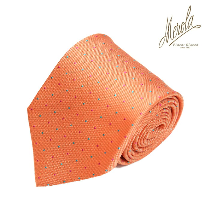 MEROLA ( メローラ ) イタリア製 ネクタイ BLUE LABEL シルク素材 オレンジ×ドット(ブルー・ピンク) 全長約 148cm 大剣約 8.5cm メンズ ギフト オールシーズン インポート オシャレ エレガント No. BL226