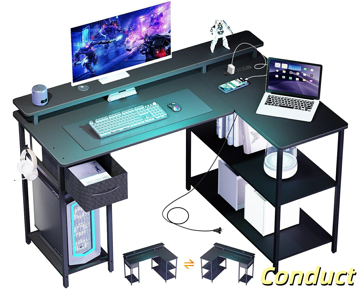 【送料無料】【左右組み替え可能&USBタップ付き】VARNIC ゲーミングデスク パソコンデスク L字型 pcデスク オフィスデスク 115cm長さ*80｜Conductドライバー　店