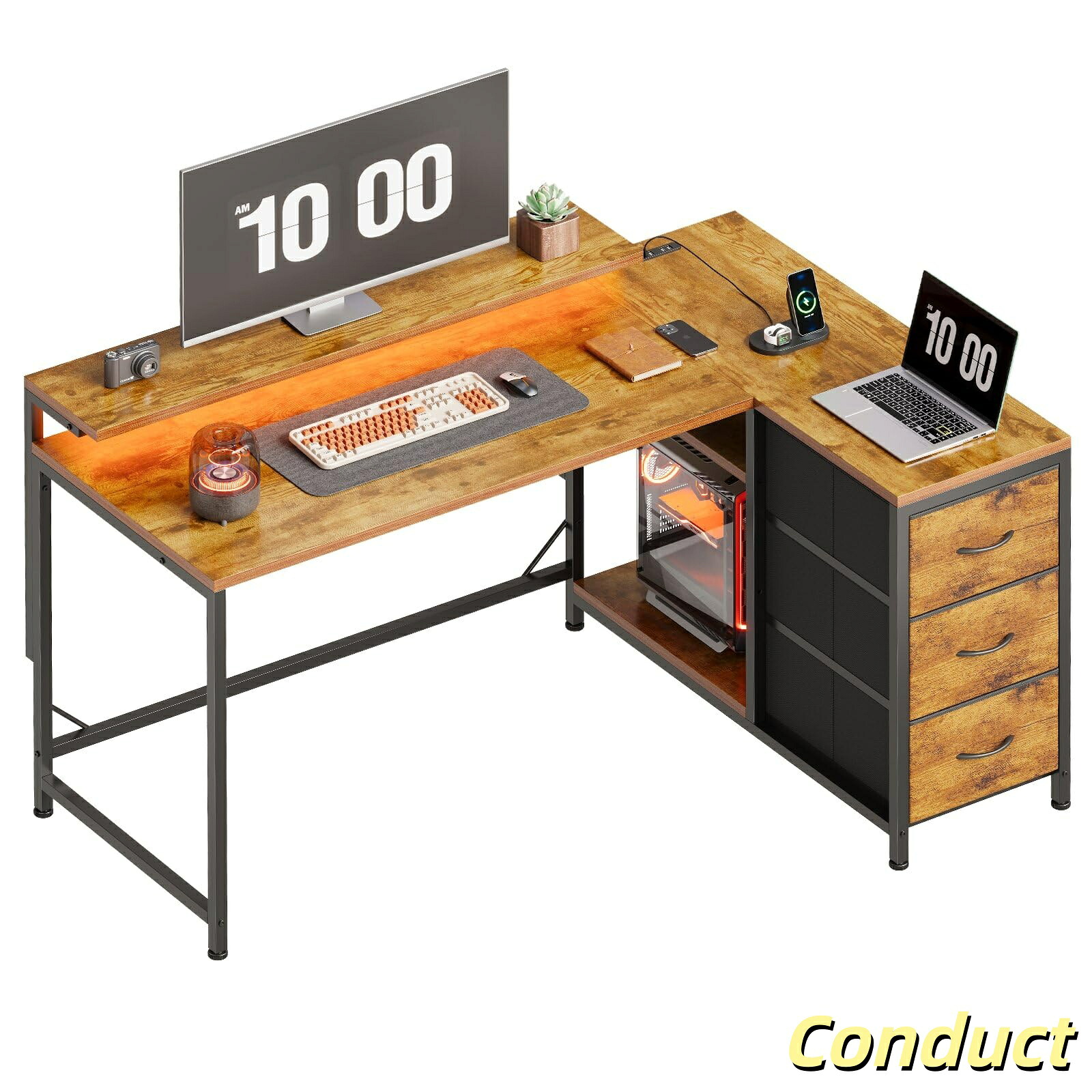 【送料無料】l字デスク 幅100.5cm パソコンデスク 机 pcデスク モニタ台の高さ調節可能 コーナーデスク 本棚付き 引き出しとコンセント｜Conductドライバー　店