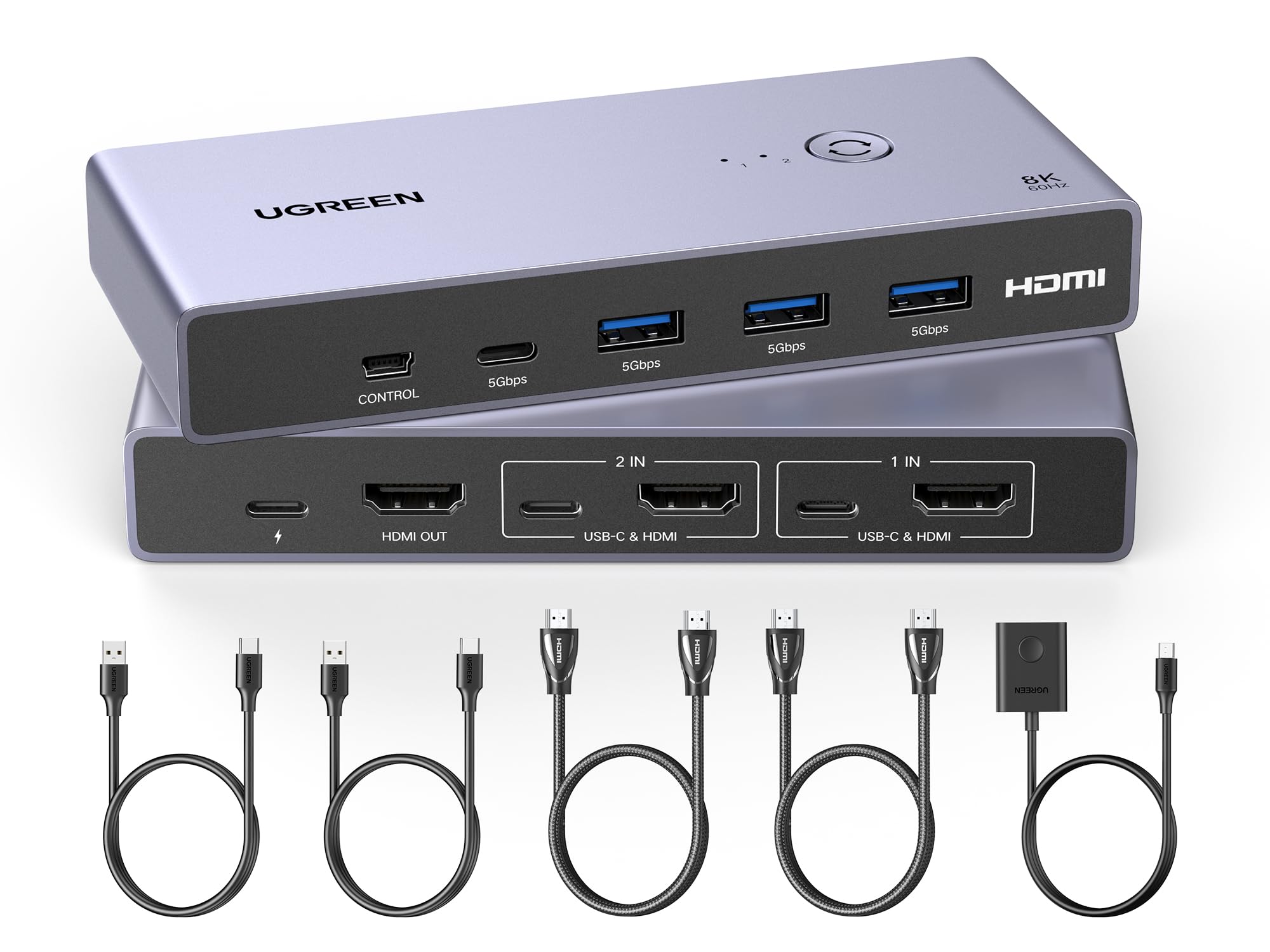 【貨物輸送無料】UGREEN 8K@60サイクル HDMI KVMうつり変わり器 2インプット1最終生産物 パソコン2台をUSB 3.0界面x3 ＆ USB-C界面x1 と管する1台分かちあう KVM取り替えっこ 3D/C