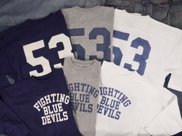 WARE HOUSE : Lot 4063 THREE-QUARTER SLEEVE FOOTBALL “BLUE DEVILS” / お召しもの棲み家 Lot 4063 スリー２５セント貨捩り 蹴球プルオーバー