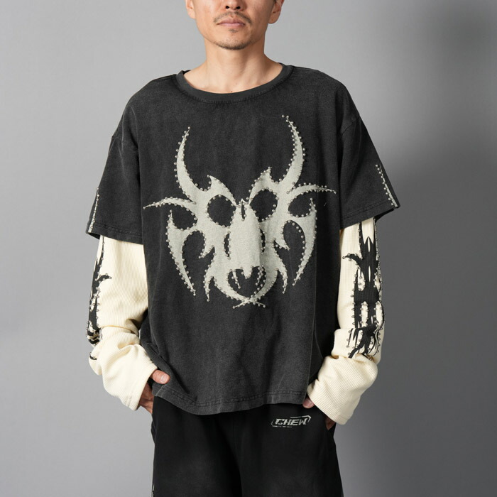 Chew Forever / チューフォーエバー / Studded Roach Layered Longsleeve / スタッズ付き添い人 ローチ 花の冠yd ロング捩り (ヴィンテージブラック/皮膚軟化剤) / 国内置き目取りまわし