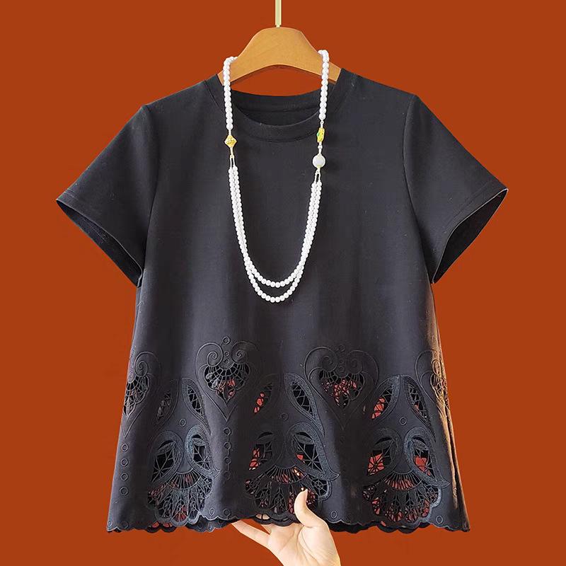 レディース Tシャツ コットン 短袖 ブラック 夏用 丸首 透かし刺繍 ゆったり 中国風 カジュアル トップス 普段使い 通気性 吸湿速乾 シルエット ベーシック