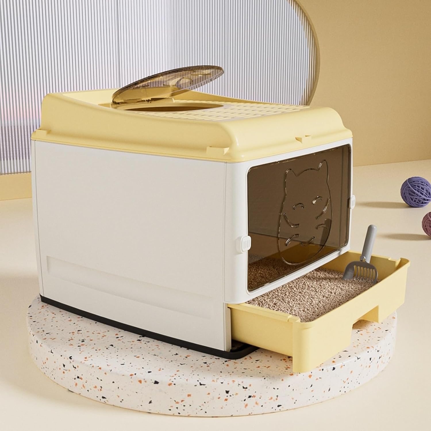 猫用トイレ本体 大型 フルカバー 猫トイレ 黄色 2way出入り方法 引き出し式 上から ふた付き 大きいサイズ ゆったり おしゃれ 猫砂が飛び散り防止 臭い防止 猫用品 砂落とし スコップ付き 猫|おとショップ