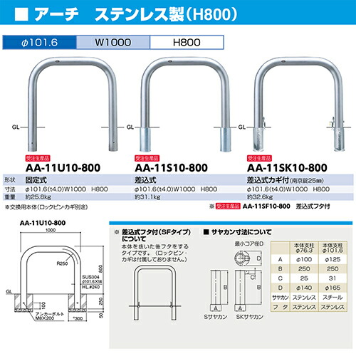 アーチ 車止め φ101.6(t4.0)×W1000×H800mm カラー:ステンレス [AH