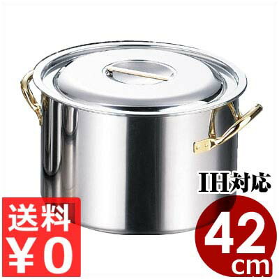 クラッド鋼半寸胴鍋 42cm／38リットル IH（電磁）対応／業務用多層鋼寸胴鍋 半ずんどう鍋 シチュー鍋 フタ引っ掛けつき 029406042