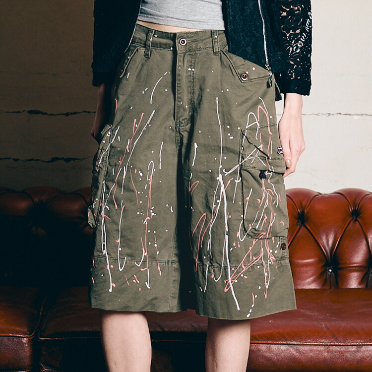 《 ペイント カーゴ ハーフパンツ 》 COOLA クーラ ボトムス BOTTOMS パンツ PANTS ハーフ丈 ミリタリー ミリタリーパンツ カーゴパンツ ポケット ロゴ ルーズシルエット おしゃれ レディース カジュアル ストリート レディースファッション モード デイリー ハンドペイント