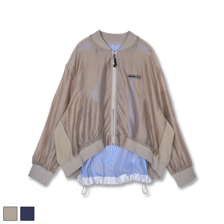 【直営限定ITEM】《 イレギュラー パターン シースルー ブルゾン ベージュ 》 COOLA クーラ アウター OUTER 羽織 ライトアウター ブルゾン シースルー 透け感 ストライプ 異素材 ロゴ ワッペン ドロスト おしゃれ レディース カジュアル ストリート レディースファッション｜COOLA