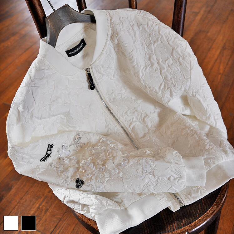 【直営限定ITEM】《 レース スリーブ ブルゾン ホワイト 》 COOLA クーラ アウター OUTER ブルゾン BLOUSON 羽織り ライトアウター フラワー 花 キラキラ スパンコール ロゴ ワッペン 冷房対策 長袖 リブ おしゃれ レディース カジュアル ストリート レディースファッション