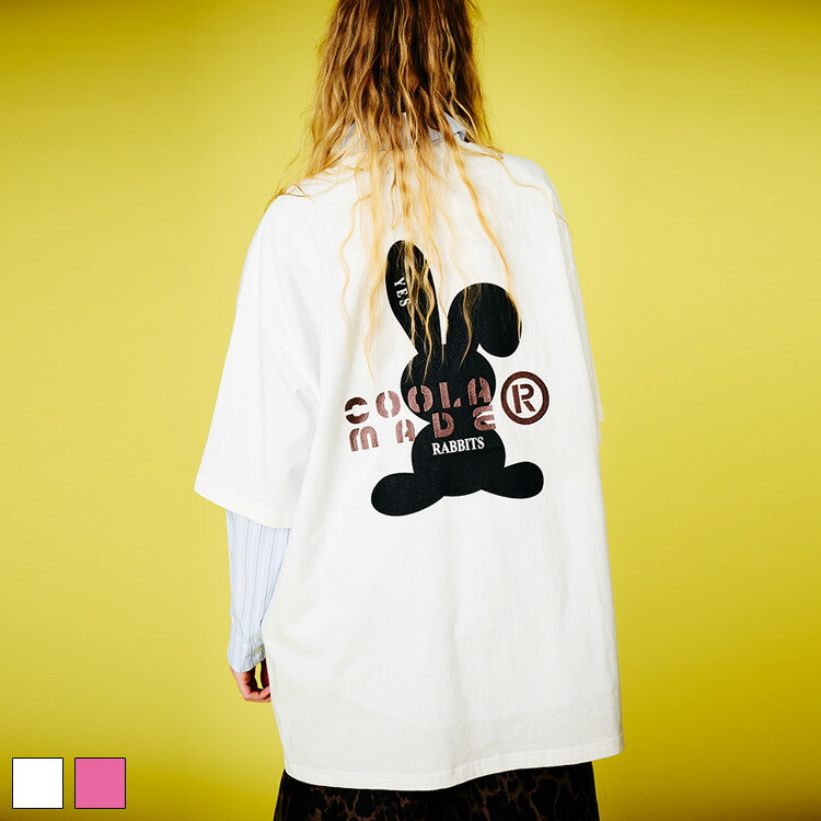 【直営限定ITEM】《 COOLA ロゴ エンブロイダリー ラビット ルーズ Tシャツ ホワイト 》 クーラ TOPS トップス カットソー 半袖 ルーズシルエット ビッグシルエット ウサギ プリント 刺繍 ハート おしゃれ レディース カジュアル ストリート レディースファッション モード