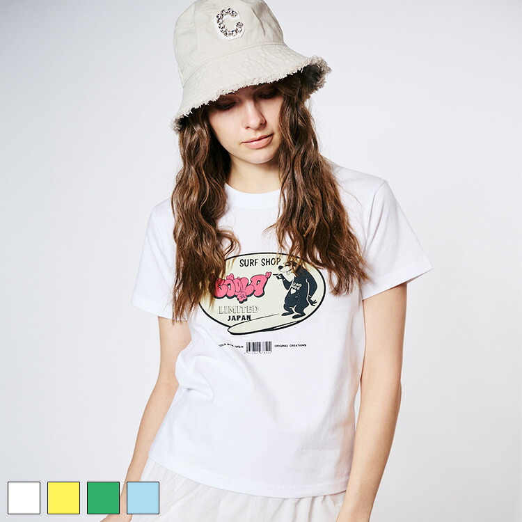 《 COOLA サーフ プリント コンパクト Tシャツ ホワイト 》 クーラ TOPS トップス 半袖 ティーシャツ 半袖ティー プリントティー アニマル 動物 ロゴ カットソー インナー コンパクトティー おしゃれ レディース カジュアル ストリート レディースファッション デイリー