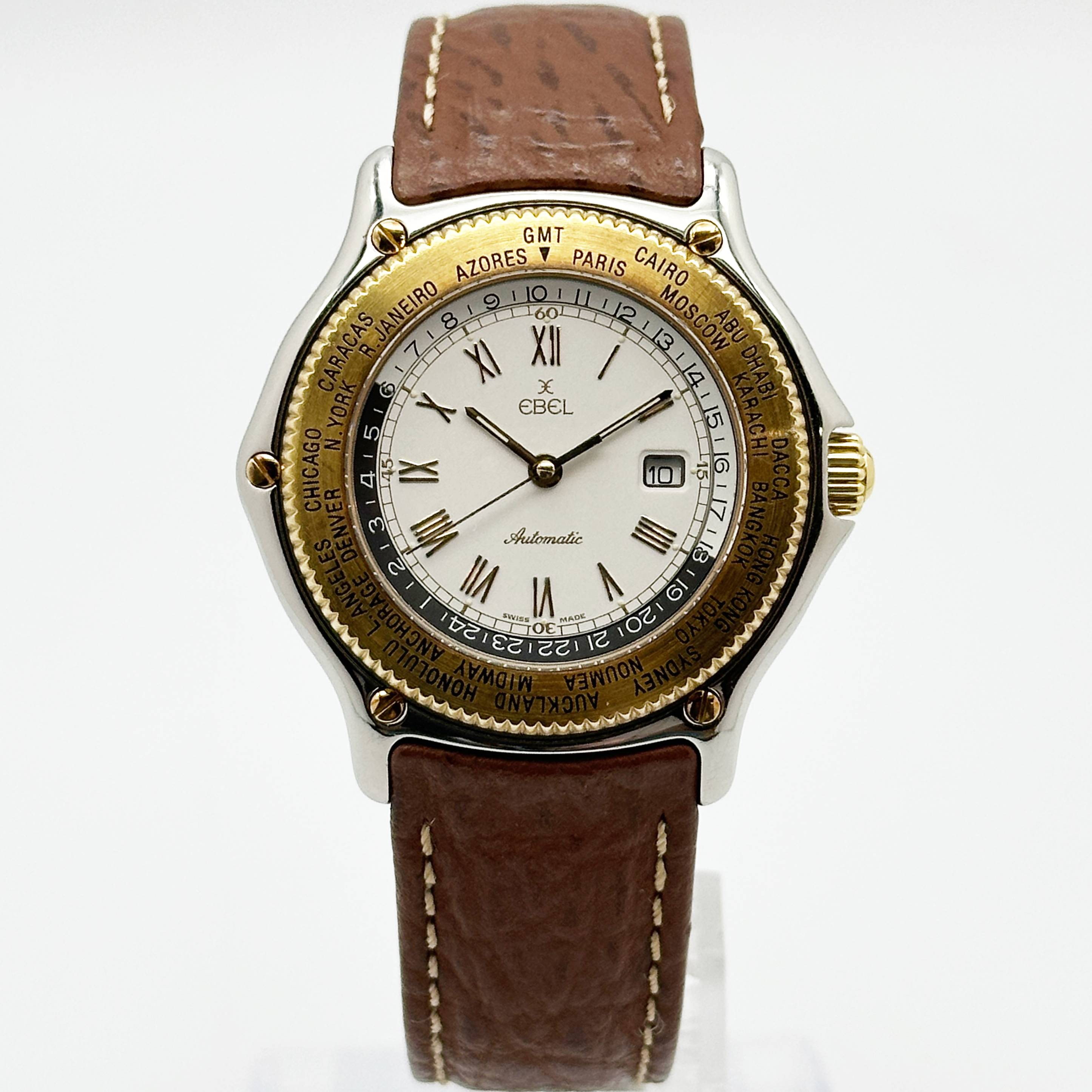【中古】Ebel エベル Voyager ボイジャー 1124913 自動小銃一巻き ステンレス鋼×18YG  なめし革胴締め 持ちはこび用入れもの 取りまわし言いあらわす書 メンズ ウオッチ