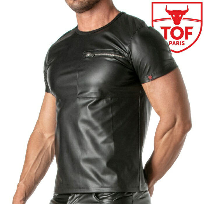 メンズ Tシャツ フェティッシュ フェイクレザー レザー風 シャツ フランス製 フェチ TOF Paris KINKY ZIPPED ポケットTシャツ(tof354)