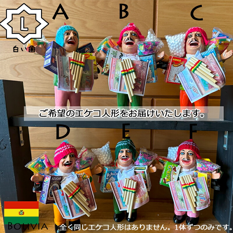 《選べるエケコ/Lサイズ》選べるから愛着たっぷり！/画像のエケコ人形を即納/紙幣ミニチュアプレゼント中！■祈祷済み■TVで紹介されたボリビア製■婚活/結婚/恋愛/金運/縁起物/幸運/開運/祈願/グッズ/福の神/スピリチュアル/パワースポット/願掛け■身長20cm