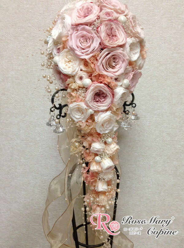 楽天市場 プリザーブドフラワー ブーケ キャスケードブーケ 花冠 花嫁 ブライダル ハイクラス カラー バラ フランスリボン 花ギフト ローズマリーコピーヌ