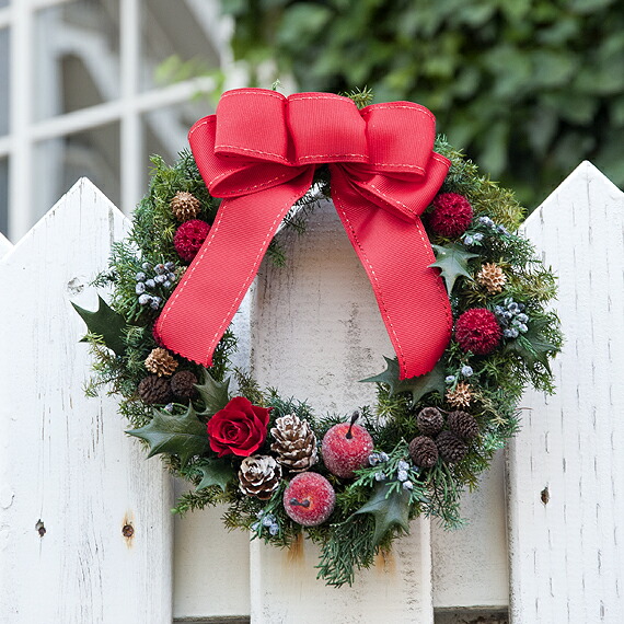 楽天市場 赤いリボンのシックなクリスマスリース フォーマルな聖夜を彩る大人のリース 赤いバラのプリザーブドフラワー クリスマスリース Coppe Craft Workshop