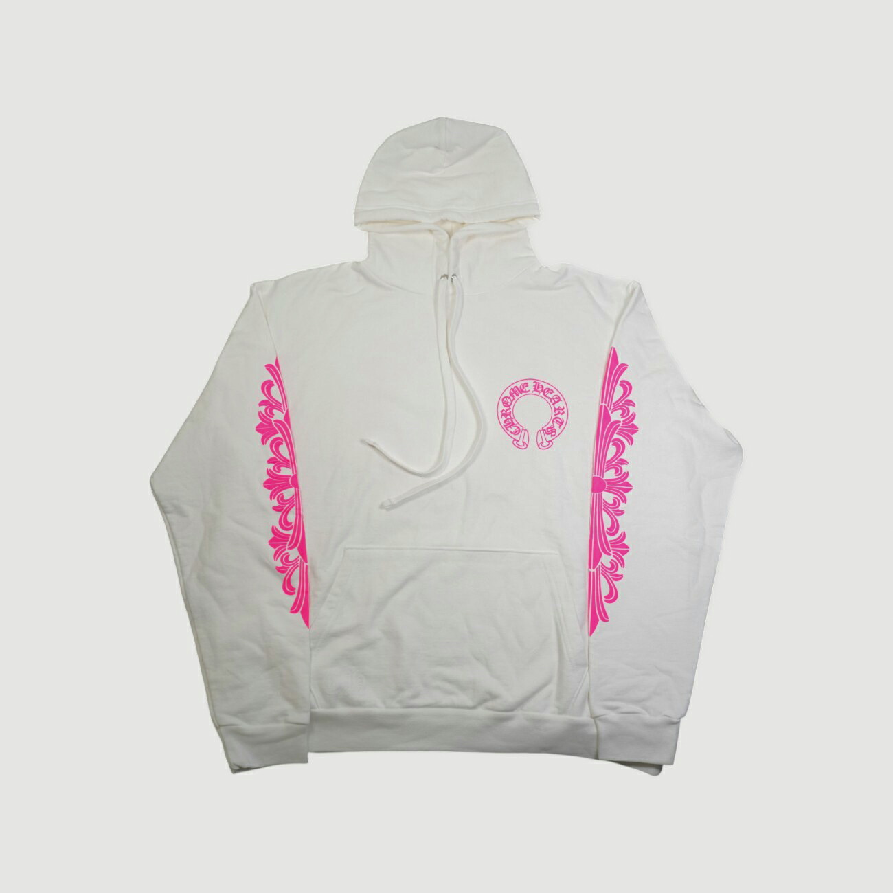 【マラソン中8%OFFクーポン！】クロムハーツ(chrome hearts) 袖フローラルホースシューバックプリント 【パーカー】【ホワイト×ピンク】 SIZE:L