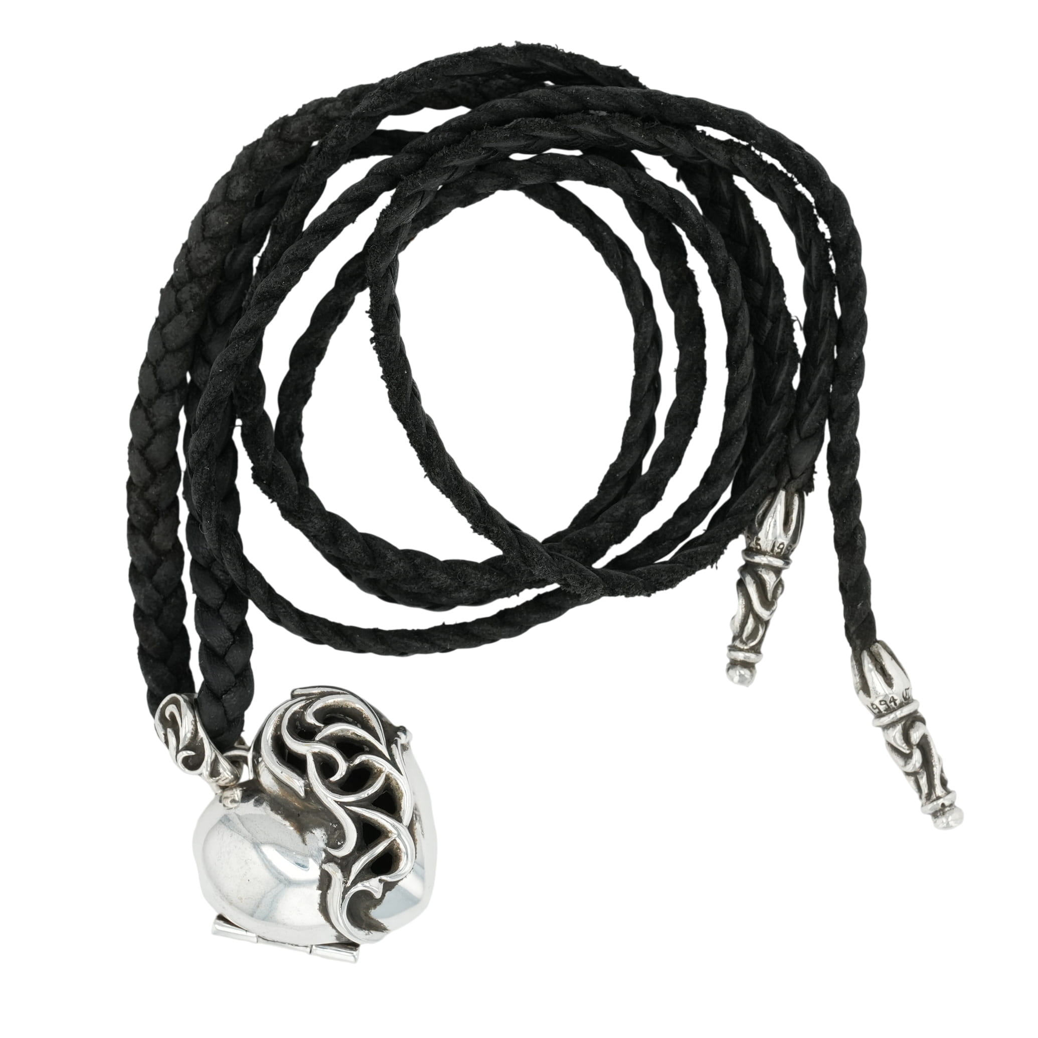 クロムハーツ(chrome hearts) 年寄りの ハート型ロケット花火 レザーブレイド HEART LOCKET w SC LEATHER BRAID 【しろがね色首飾りとっ始め なめし革】しろがね色925 メンズ レディース 一般受け 定め事品 中古
