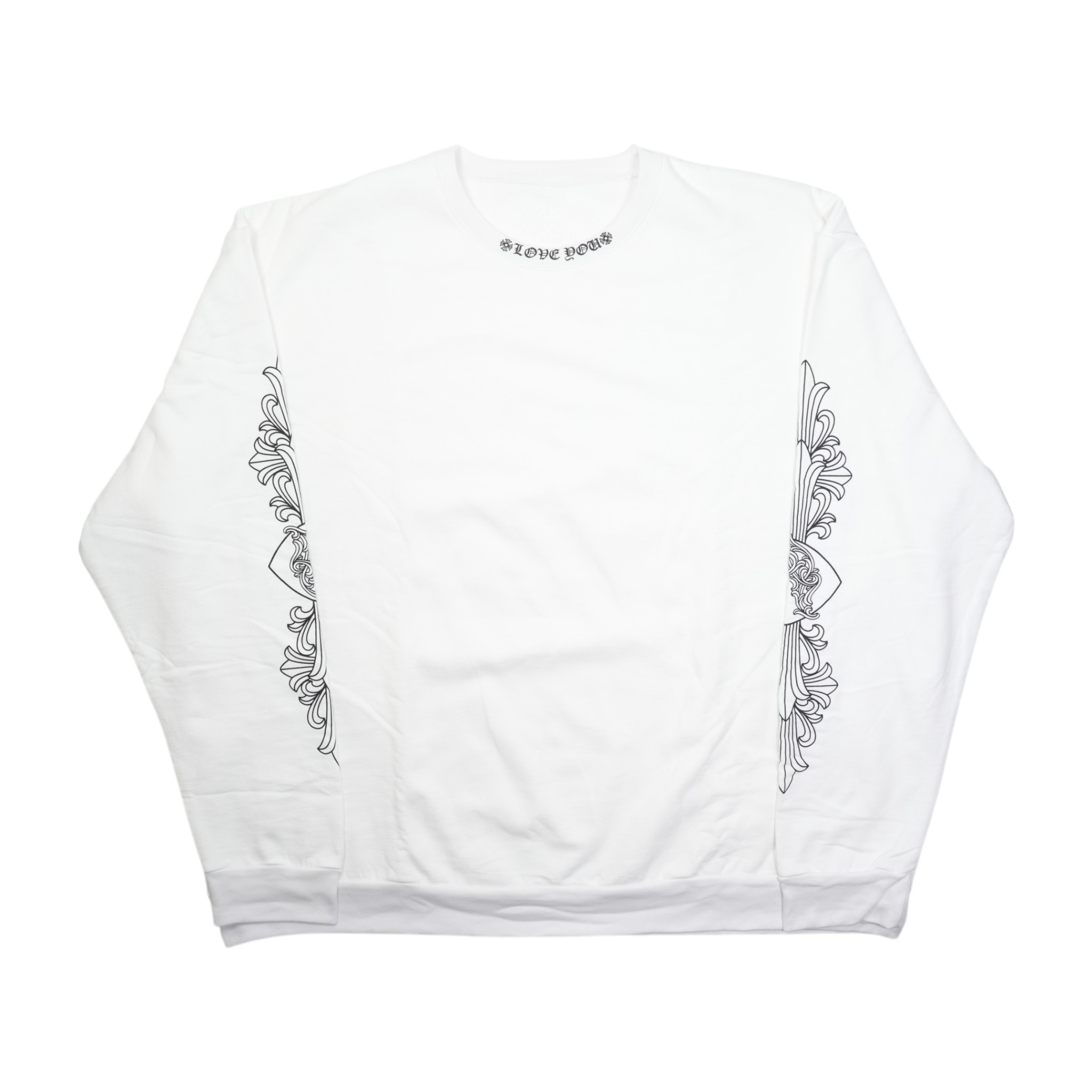 クロムハーツ(chrome hearts) ラブユー LOVE YOU のど首ロゴタイプ袖フローラルプリント 【汗水】【白いこと】【新品】 SIZE:XXL 付属物 しろがね色925 メンズ レディース 一般受け 定め事品