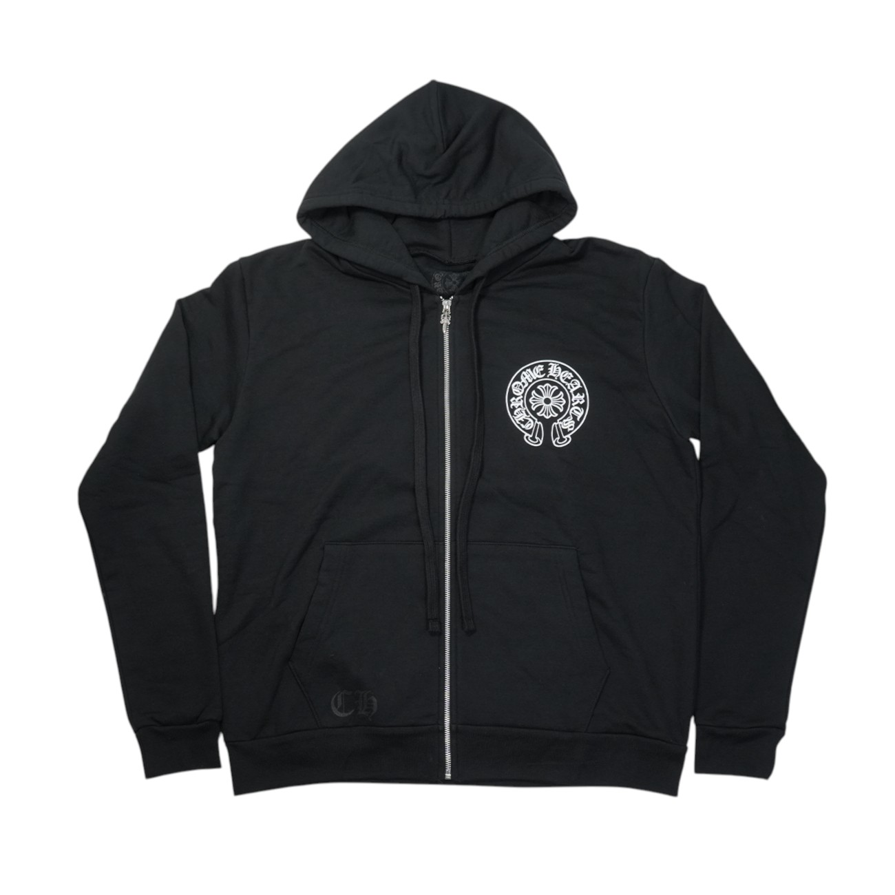 クロムハーツ(chrome hearts) 大阪制限事項ホースシューバックプリント 【ジップパーカー】【黒いこと】【新品】 SIZE:S 添え物 しろがね色925 メンズ レディース 一般受け 定まり品 中古