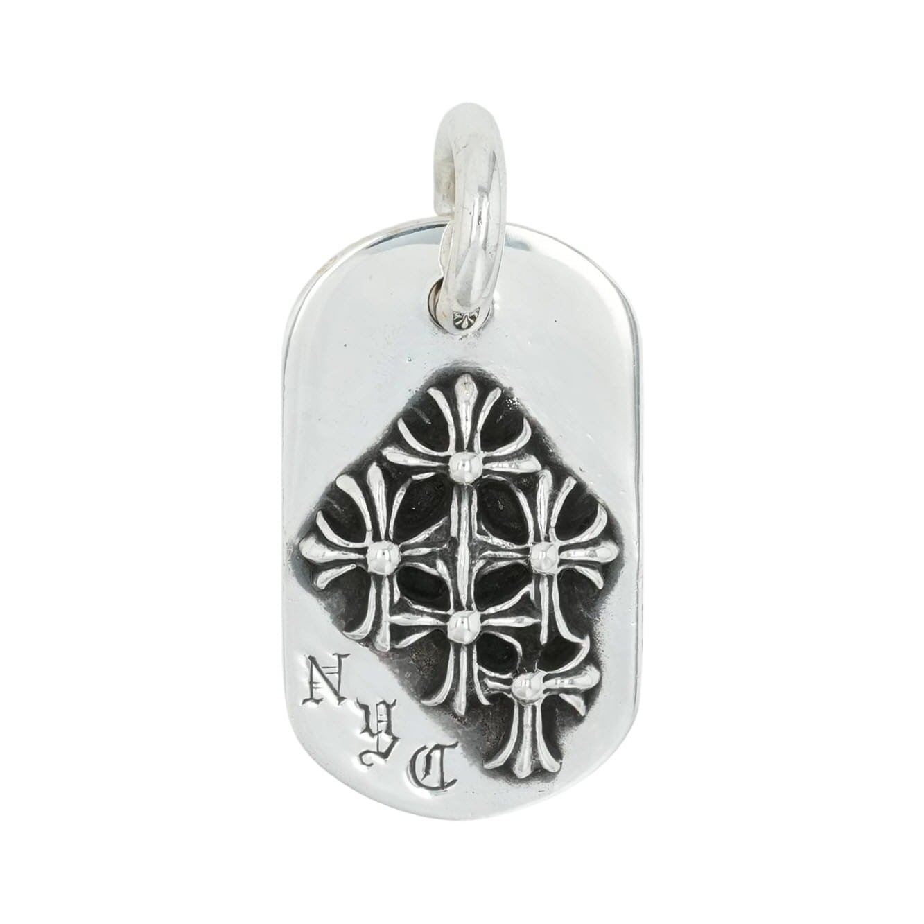 クロムハーツ(chrome hearts) ニューヨーク州制限事項 レイズドセメタリー ドッグタグ NYC RAISED CEMETERY DOGTAG 【しろがね色首飾りいの一番 シャンデリヤ】 佩び物 しろがね色925 メンズ レディース 一般受け 置き目品 中古