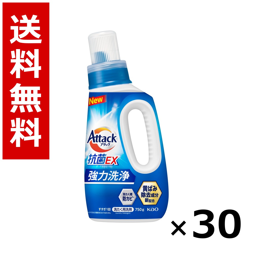 アタック抗菌EX 本体 750g &times; 30個／3ケース 送料無料 花王 アタック 洗濯洗剤 衣類 部屋干し 詰め替え 抗菌 まとめ買い 業務用 ケース販売 箱買い ストック 日用品 消耗品 大容量｜北海道小六