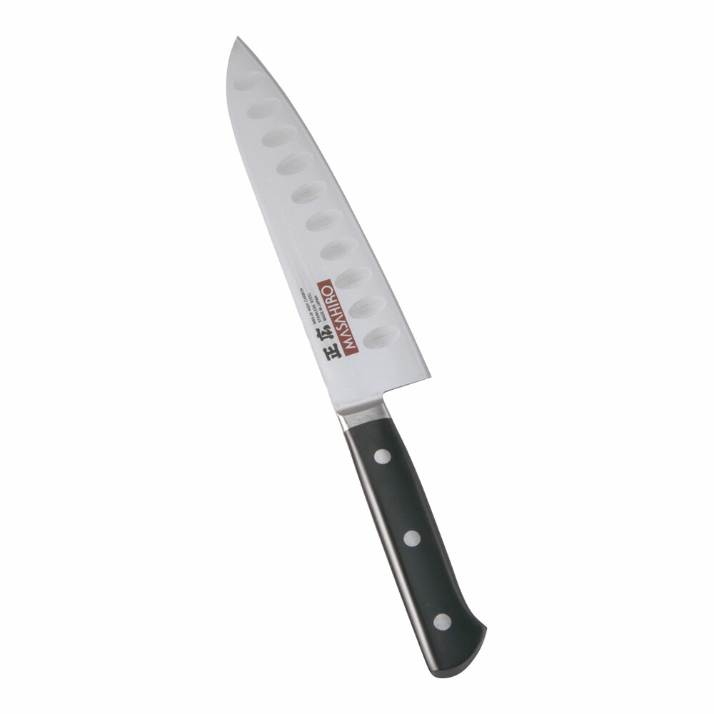 正広　MV-H鋼　ディンプル　シェフナイフ　両刃　18cm　14980　プラ柄　AMS-L3 [関連：マサヒロ MASAHIRO 日本製 抗菌 洋包丁 庖丁 牛刀 精肉 サーモンナイフ]