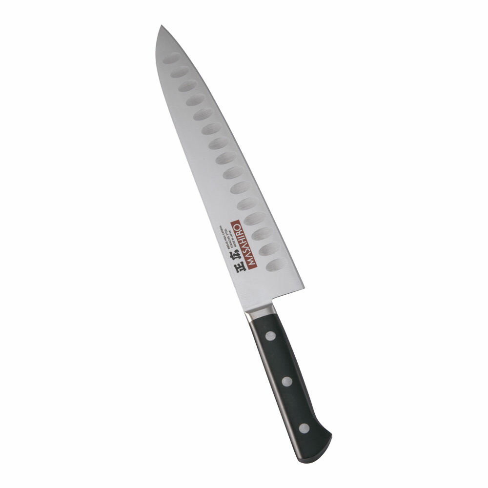 正広　MV-H鋼　ディンプル　シェフナイフ　両刃　27cm　14983　プラ柄　AMS-L3[関連：マサヒロ MASAHIRO 日本製 抗菌 洋包丁 庖丁 牛刀 精肉 サーモンナイフ]｜corpoforte