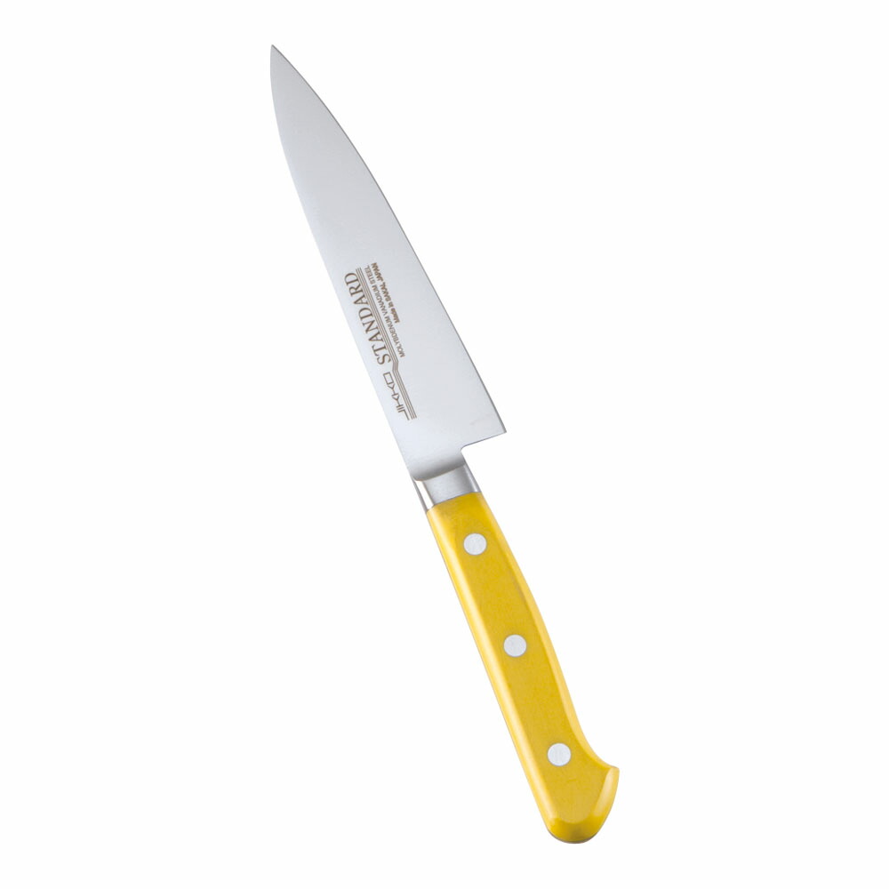 堺實光　スタンダード　抗菌　プラ柄　ツバ付　ペティナイフ　両刃　12cm　黄　56081　AZT-69 [関連：JIKKO 實光 業務用 日本製 抗菌 ペティーナイフ HACCP対応 カラフル 色分け 衛生管理 食品工場]