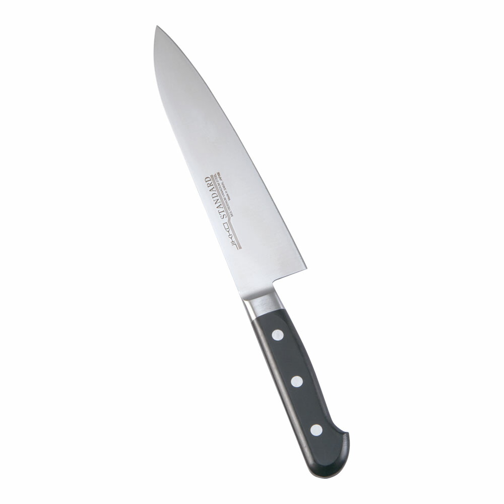 堺實光　スタンダード　抗菌　プラ柄　ツバ付　牛刀　両刃　18cm　黒　51504　AZT-70 [関連：JIKKO 實光 業務用 日本製 抗菌 牛刀包丁 HACCP対応 カラフル 色分け 衛生管理 食品工場]