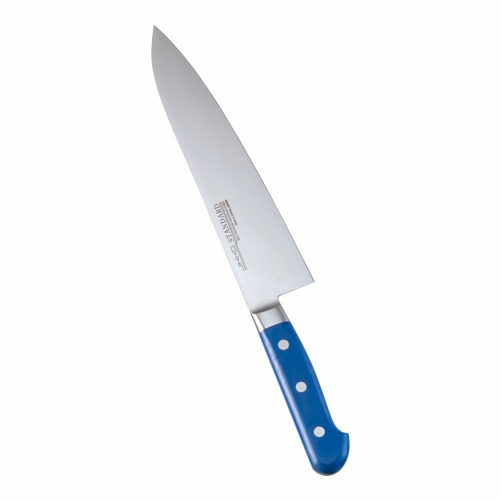 堺實光　スタンダード　抗菌　プラ柄　ツバ付　牛刀　両刃　21cm　青　56005　AZT-70 [関連：JIKKO 實光 業務用 日本製 抗菌 牛刀包丁 HACCP対応 カラフル 色分け 衛生管理 食品工場]
