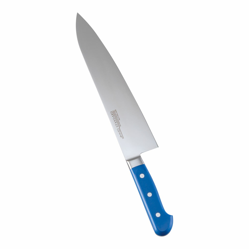 堺實光　スタンダード　抗菌　プラ柄　ツバ付　牛刀　両刃　27cm　青　56007　AZT-70 [関連：JIKKO 實光 業務用 日本製 抗菌 牛刀包丁 HACCP対応 カラフル 色分け 衛生管理 食品工場]