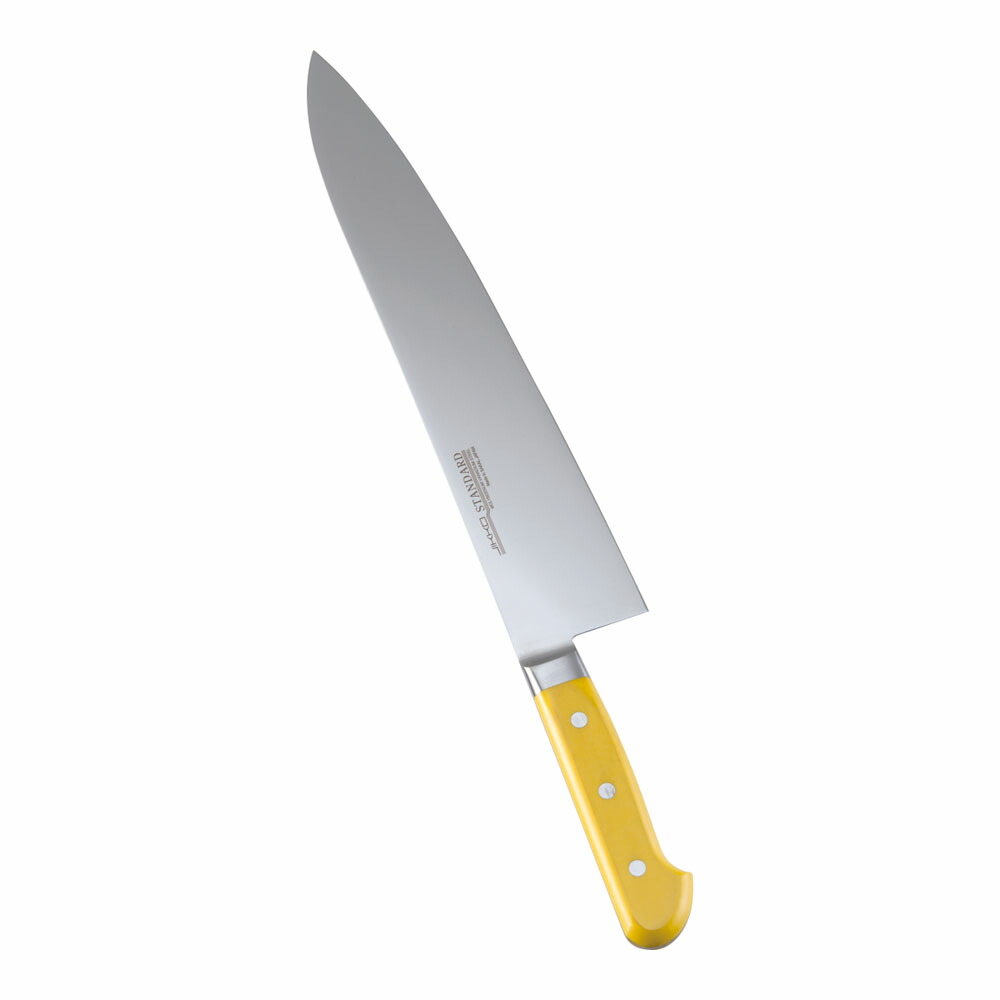 堺實光　スタンダード　抗菌　プラ柄　ツバ付　牛刀　両刃　30cm　黄　56088　AZT-70 [関連：JIKKO 實光 業務用 日本製 抗菌 牛刀包丁 HACCP対応 カラフル 色分け 衛生管理 食品工場]
