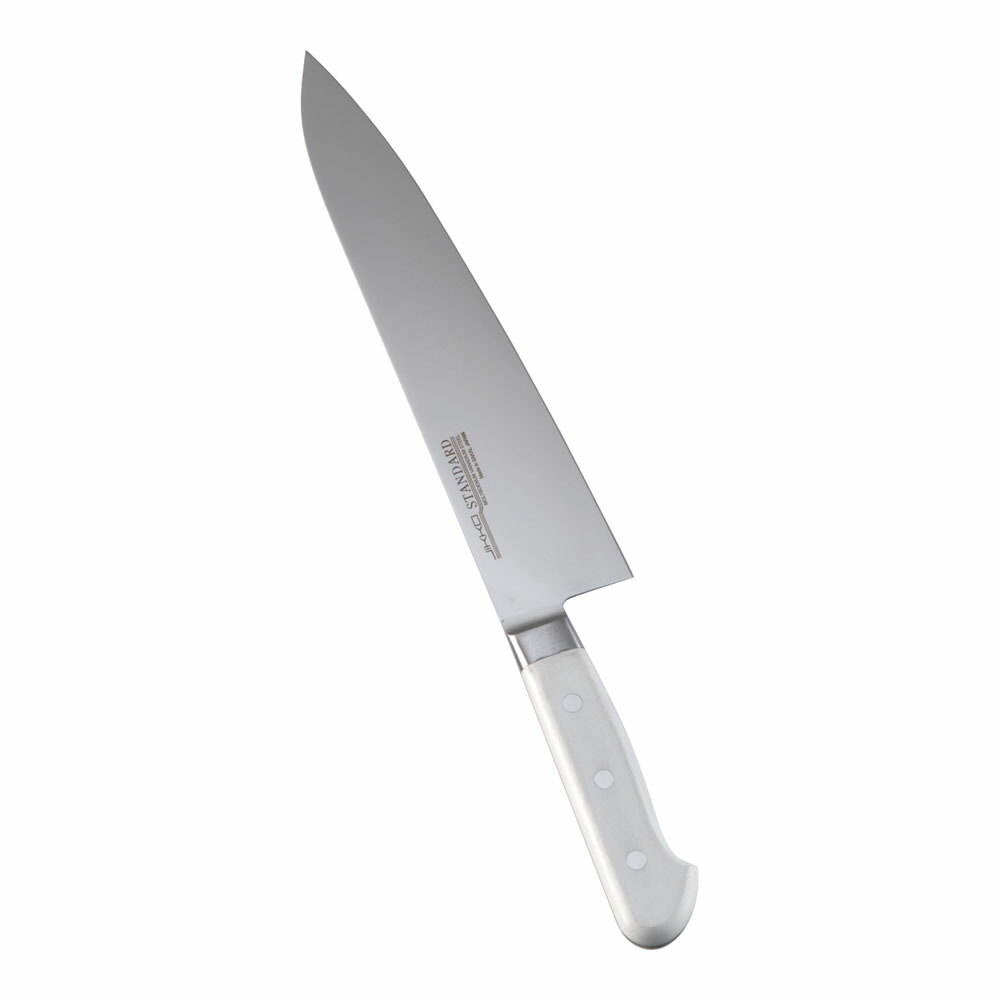 堺實光　スタンダード　抗菌　プラ柄　ツバ付　牛刀　両刃　24cm　白　56166　AZT-70 [関連：JIKKO 實光 業務用 日本製 抗菌 牛刀包丁 HACCP対応 カラフル 色分け 衛生管理 食品工場]