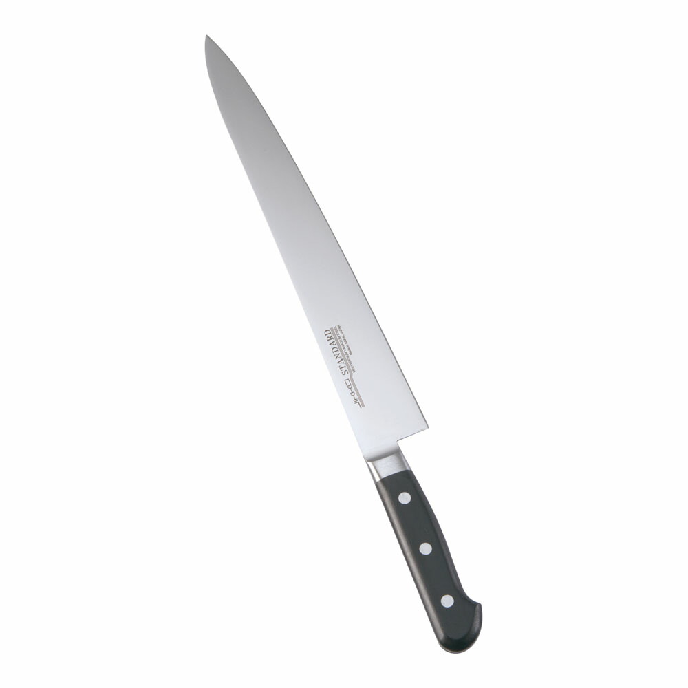 堺實光　スタンダード　抗菌　プラ柄　ツバ付　筋引　両刃　27cm　黒　51512　AZT-71 [関連：JIKKO 實光 業務用 日本製 抗菌 筋引包丁 スライサー HACCP対応 カラフル 色分け 衛生管理 食品工場]