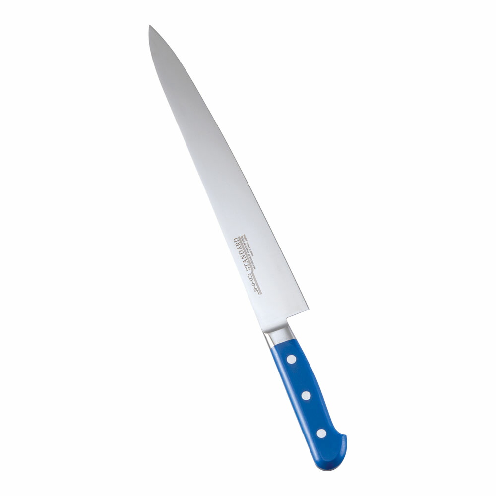堺實光　スタンダード　抗菌　プラ柄　ツバ付　筋引　両刃　27cm　青　56012　AZT-71 [関連：JIKKO 實光 業務用 日本製 抗菌 筋引包丁 スライサー HACCP対応 カラフル 色分け 衛生管理 食品工場]