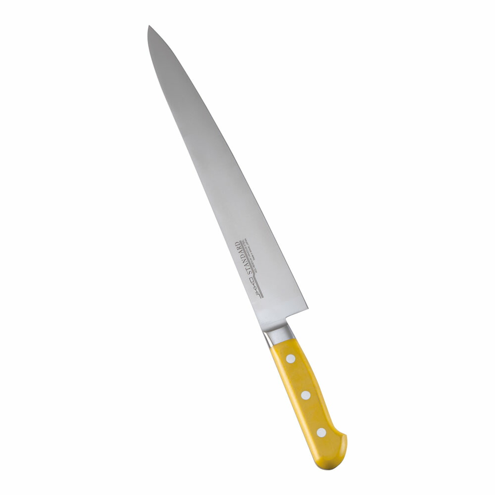 堺實光　スタンダード　抗菌　プラ柄　ツバ付　筋引　両刃　27cm　黄　56092　AZT-71 [関連：JIKKO 實光 業務用 日本製 抗菌 筋引包丁 スライサー HACCP対応 カラフル 色分け 衛生管理 食品工場]
