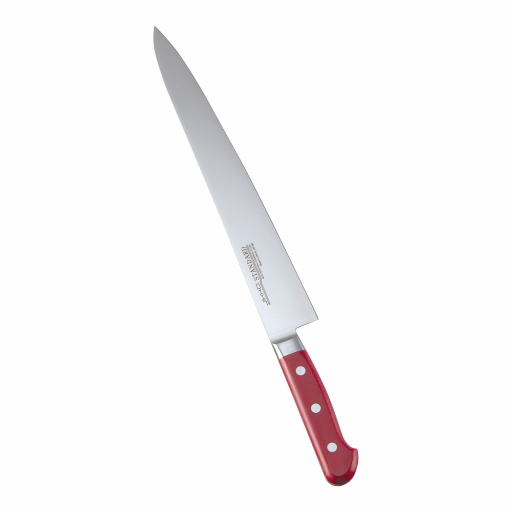 堺實光　スタンダード　抗菌　プラ柄　ツバ付　筋引　両刃　27cm　赤　56132　AZT-71 [関連：JIKKO 實光 業務用 日本製 抗菌 筋引包丁 スライサー HACCP対応 カラフル 色分け 衛生管理 食品工場]
