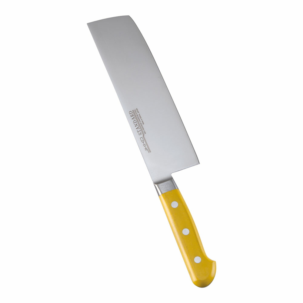 堺實光　スタンダード　抗菌　プラ柄　ツバ付　菜切　両刃　18cm　黄　56105　AZT-74[関連：JIKKO 實光 業務用 日本製 抗菌 菜切包丁 野菜 HACCP対応 カラフル 色分け 衛生管理 食品工場]｜corpoforte