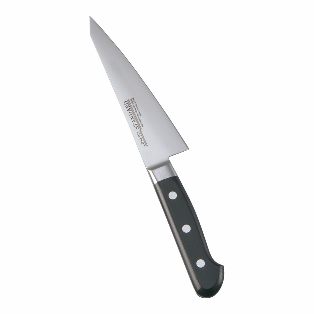 堺實光　スタンダード　抗菌　プラ柄　ツバ付　骨スキ東　片刃　15cm　黒　51518　AZT-72[関連：JIKKO 實光 業務用 日本製 抗菌 骨スキ包丁 サバキ HACCP対応 カラフル 色分け 衛生管理 食品工場]｜corpoforte