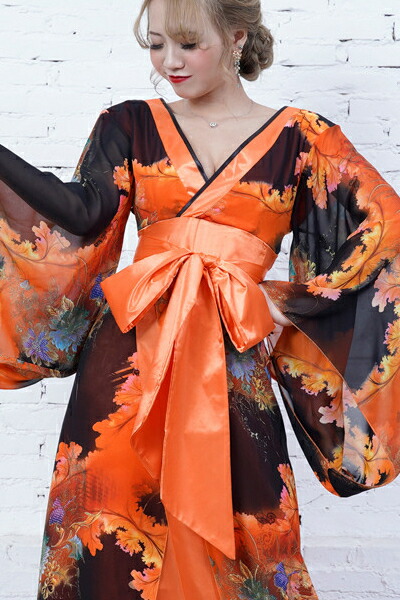 スーパーsale フラワープリントリボンつきロング着物ドレス 和柄 花魁 オレンジ キャバドレス オレンジ ナイトドレス Love Rich コスプレ コスプレ セクシー 花魁 着物 浴衣 キャバ ギャル ナイトドレス ハロウィン イベント コスチューム 可愛い 衣装 コスプレ