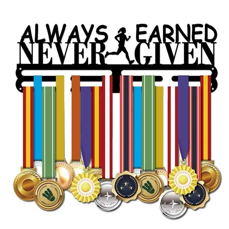 SUPERDANT ランニングスポーツメダルディスプレイハンガー Always Earned Never Given メダルホルダー 鉄製 壁掛けディスプレイハンガーラックフック 60以上のランニング体操メダル用 ブラック画像