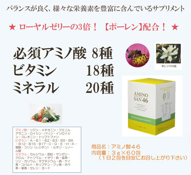 12165円 定番から日本未入荷 ベルクール研究所 アミノ酸46 1か月分 ×2箱セット ローヤルゼリーの3倍の栄養価のポーレン 花粉 含有アミノ酸サプリメント 予防医学推進商品 必須アミノ酸 ビタミン ミネラル 大豆イソフラボン 食物繊維 サロン専売品