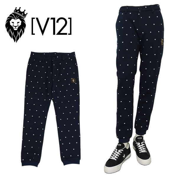 V12 ゴルフ メンズ ロングパンツ ダンボールニット スウェット風パンツ ストレッチ 星柄 ワッペン V122520-PN04 ALL STAR PANTS ヴィトゥエルブ 2025秋冬|PALM SPRINGS