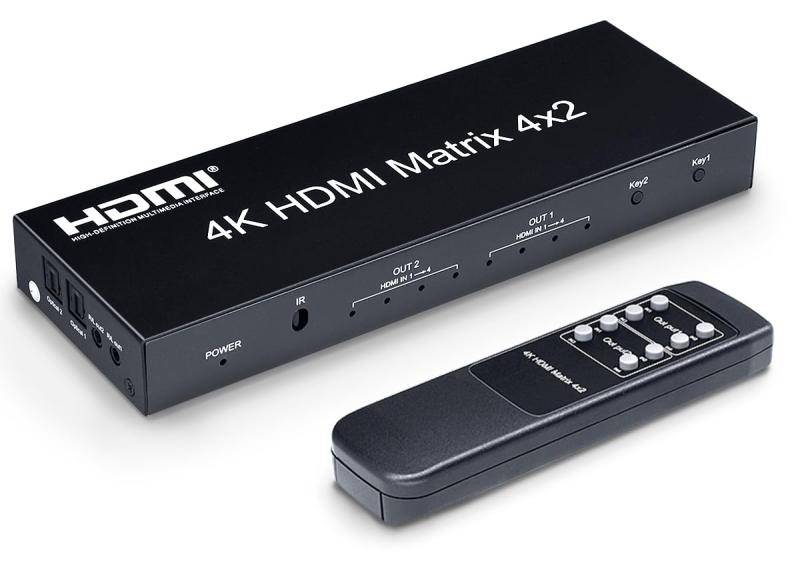 HDMI 切替器 分配器 マトリックス 4入力 2出力 4K HDCP1.4 音声分離機能 (光デジタル・3.5mmステレオ音声出力) PS4・Nintendo Switch・Fire TV・ブルーレイレコーダーなどに適用 手動切り替え リモ画像