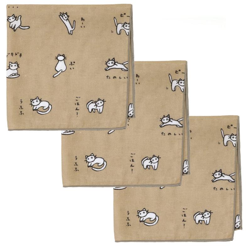 KOMESICHI COLLECTION ガーゼハンカチ 3枚セット ねこ 猫 ほうじ茶 日本製 綿100% 35x35cm いろは まめおシリーズ画像